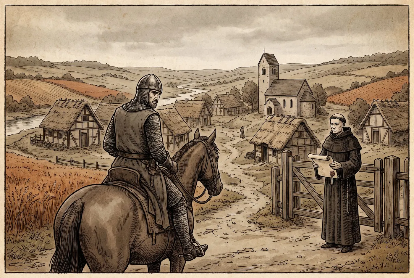Illustration: Ein Ritter auf dem Pferd reitet aus einem mittelalterlichen Dorf und blickt zurück, am Tor steht ein Mönch mit einer gesiegelten Urkunde