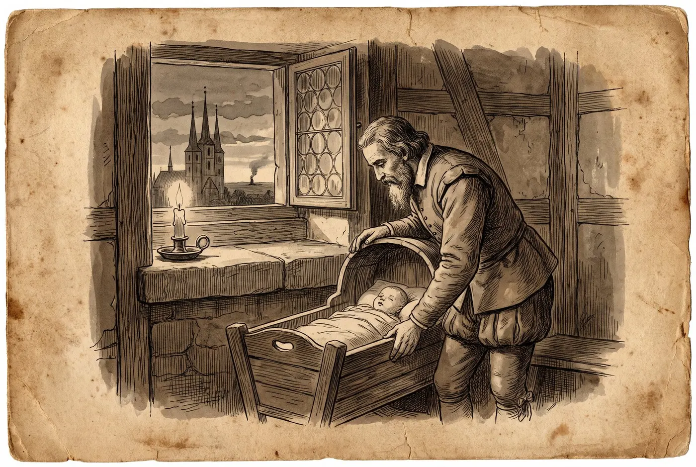 Illustration: Ein Mann in der Kleidung des 17. Jahrhunderts beugt sich in einer Stube über eine Wiege, im Fenster die Türme des Erfurter Doms