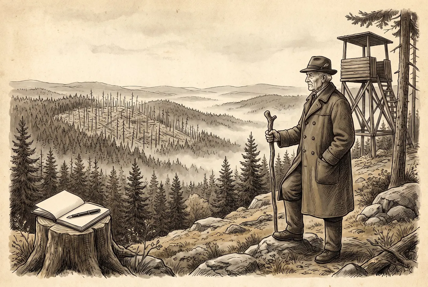 Illustration: Ein alter Forstmann mit Hut und Stock steht auf einem bewaldeten Hügel und blickt über Fichtenwälder