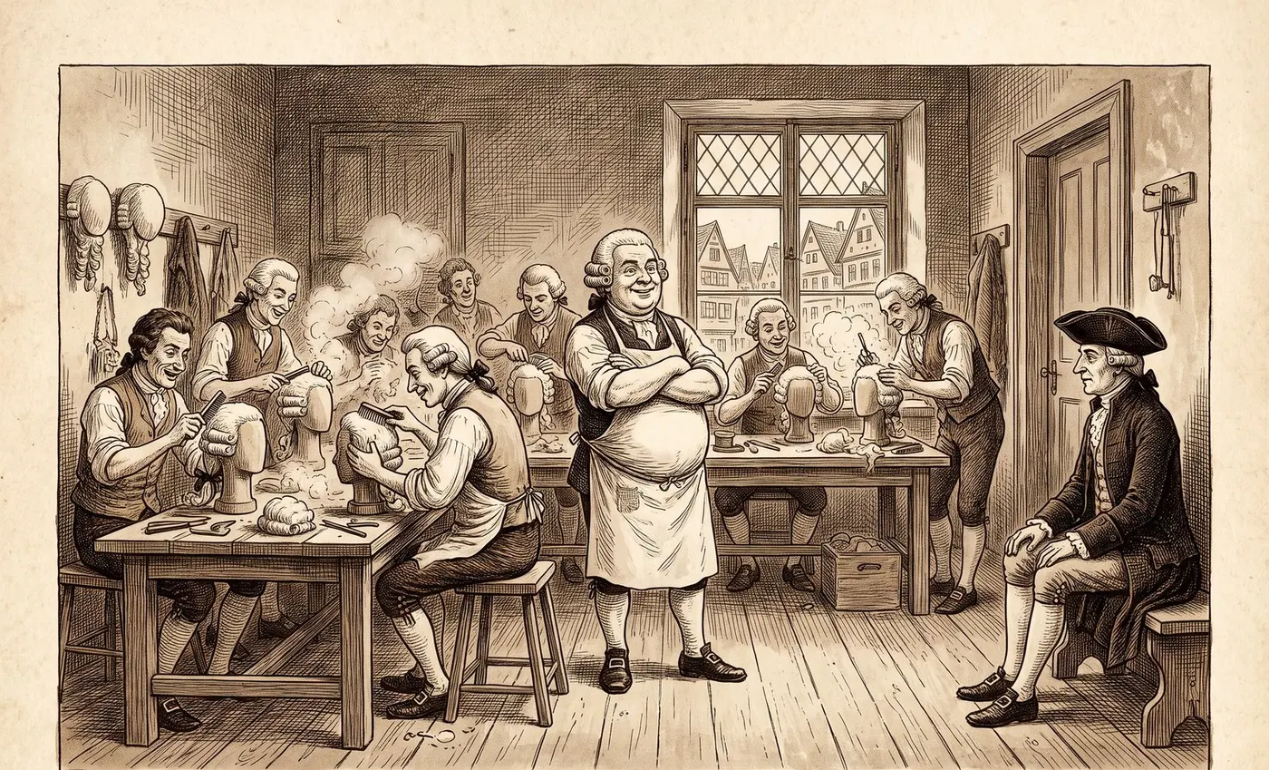 Illustration: Eine Perückenmacherwerkstatt des 18. Jahrhunderts, ein Meister mit verschränkten Armen, Gesellen an Perückenköpfen, ein Kunde mit Dreispitz wartet