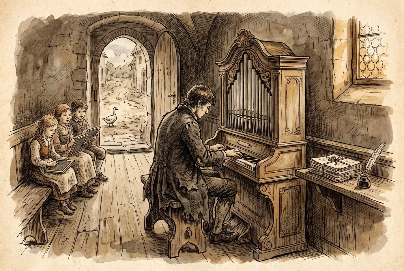 Illustration: Ein junger Dorfschulmeister spielt in einer Kirche eine kleine Orgel, hinter ihm Kinder mit Schiefertafeln
