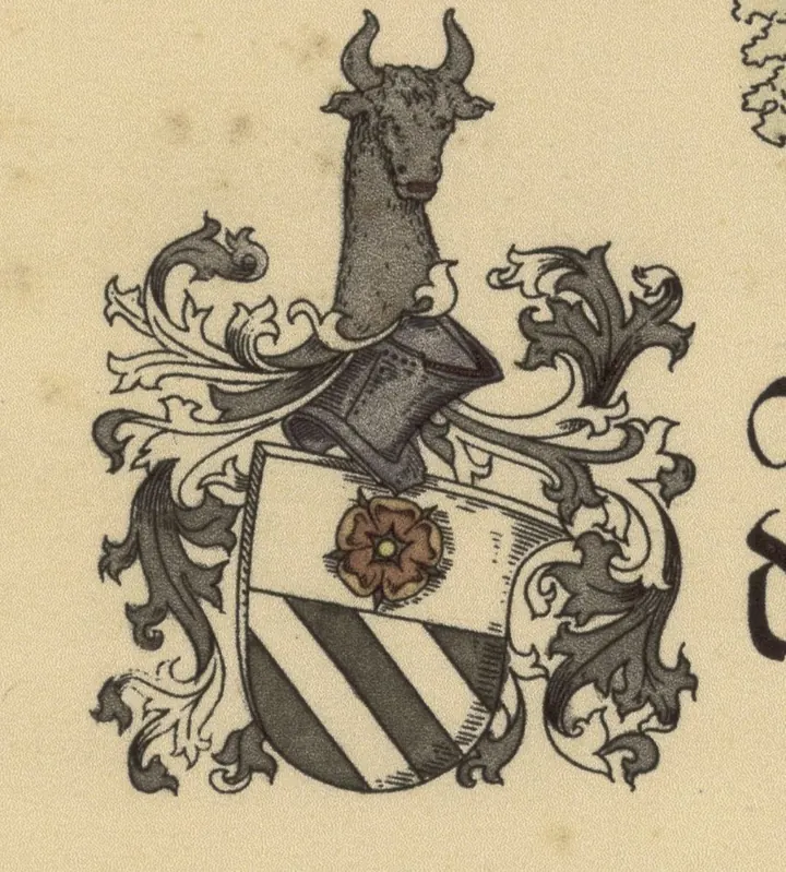 Wappen: Schild mit einer roten Rose im silbernen Schildhaupt, darunter schwarz und silbern schräg gestreift, auf dem Helm ein Stierkopf