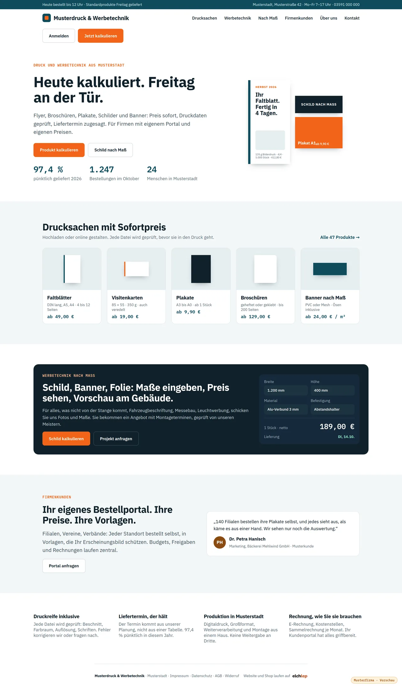 Die Website eines Druckbetriebs — Ansicht mit Musterdaten der Musterdruck & Werbetechnik