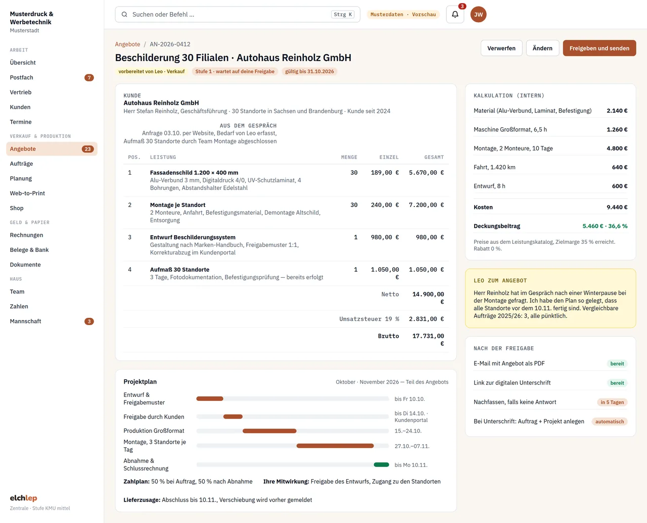 Ein Angebot mit Projektplan — Ansicht mit Musterdaten der Musterdruck & Werbetechnik