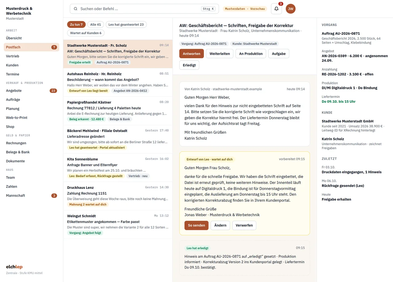 Post neben dem Vorgang — Ansicht mit Musterdaten der Musterdruck & Werbetechnik